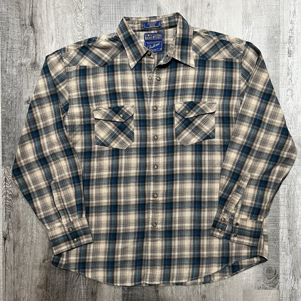 Pendleton x Lucky Brand Austin Shirt Blue Plaid Pearl Snap Western Wool Blend XL